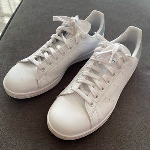 Adidas Stan Smith tennis shoes, pale blue and pink logo, size 9 1/2.